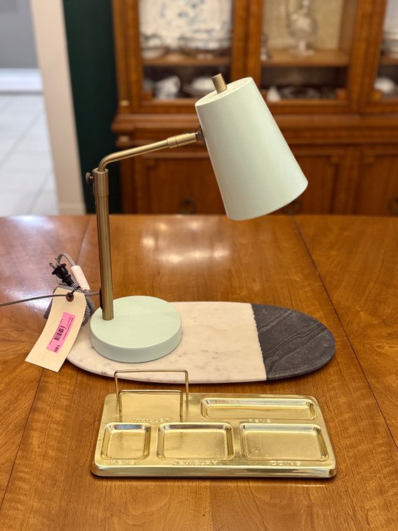 Lamp, MCM organizer, stone slab