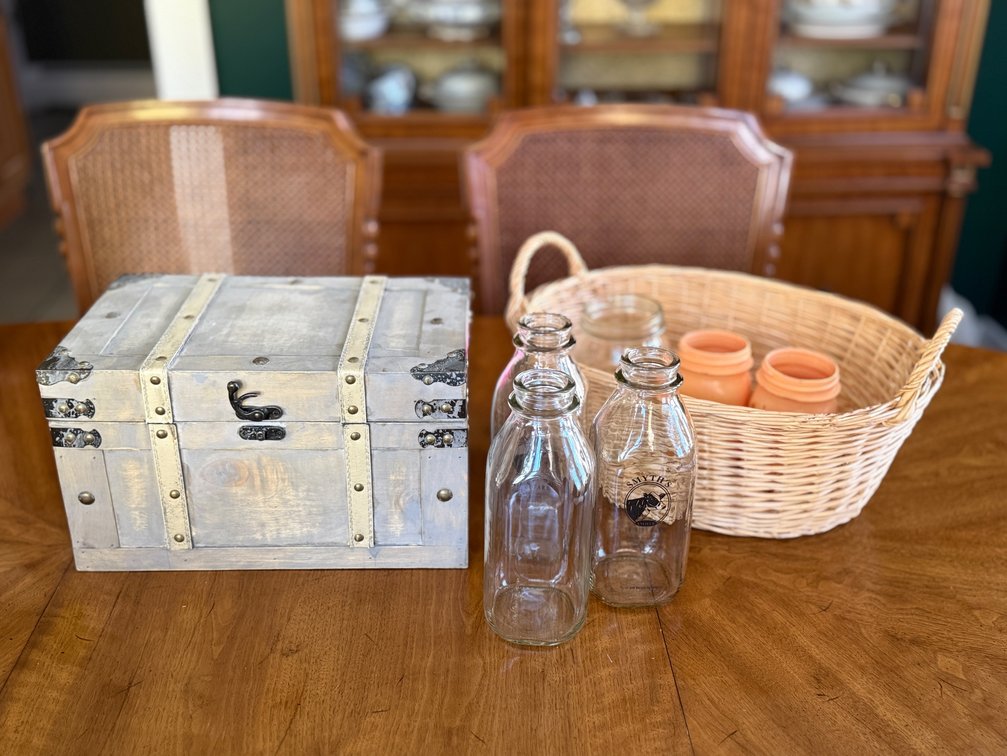 Small trunk, canning and milk jars, basket