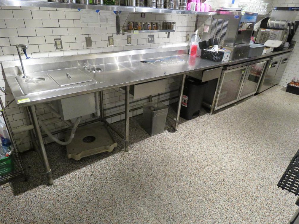 SS Table with Backsplash, Ice Bin, Water Dispenser, 2 Drawers, 108"x30", Welded SS Table with Backsplash, 110"x30"