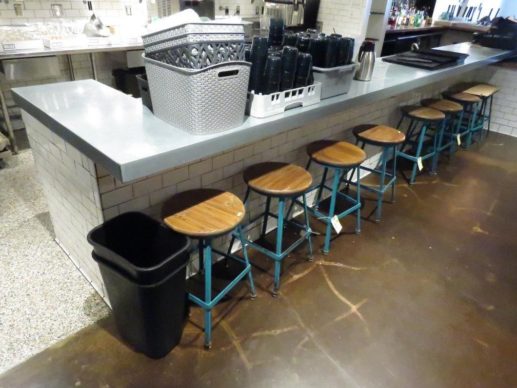 Metal L Shape Bar Top 208.75"x45", 2 Sections 104.25"x24.24"x3", L Section 17"x19.5"x3"