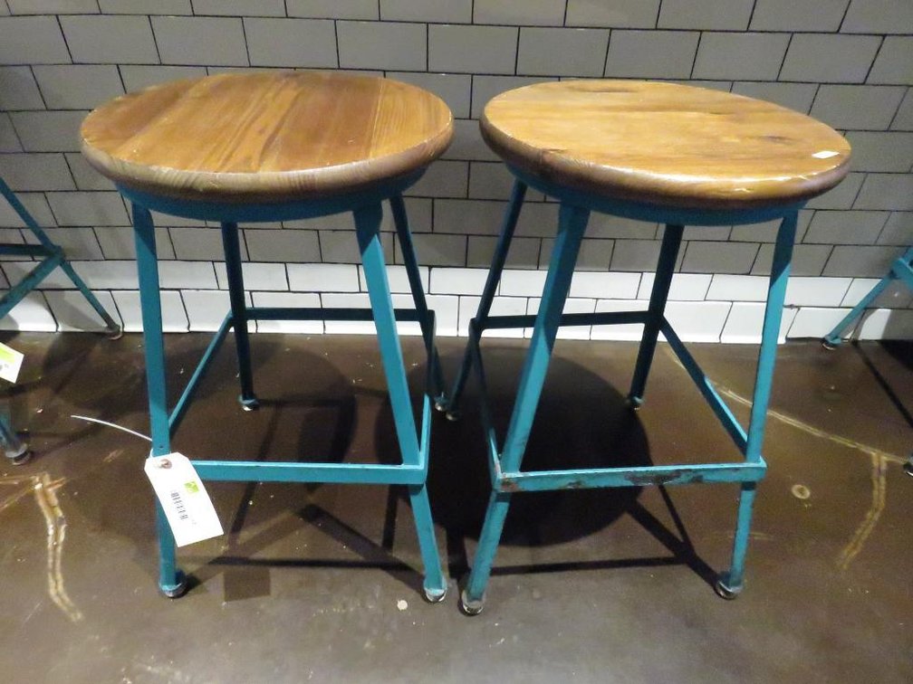 2 Metal Frame Wood Seats Stools, 24.5"