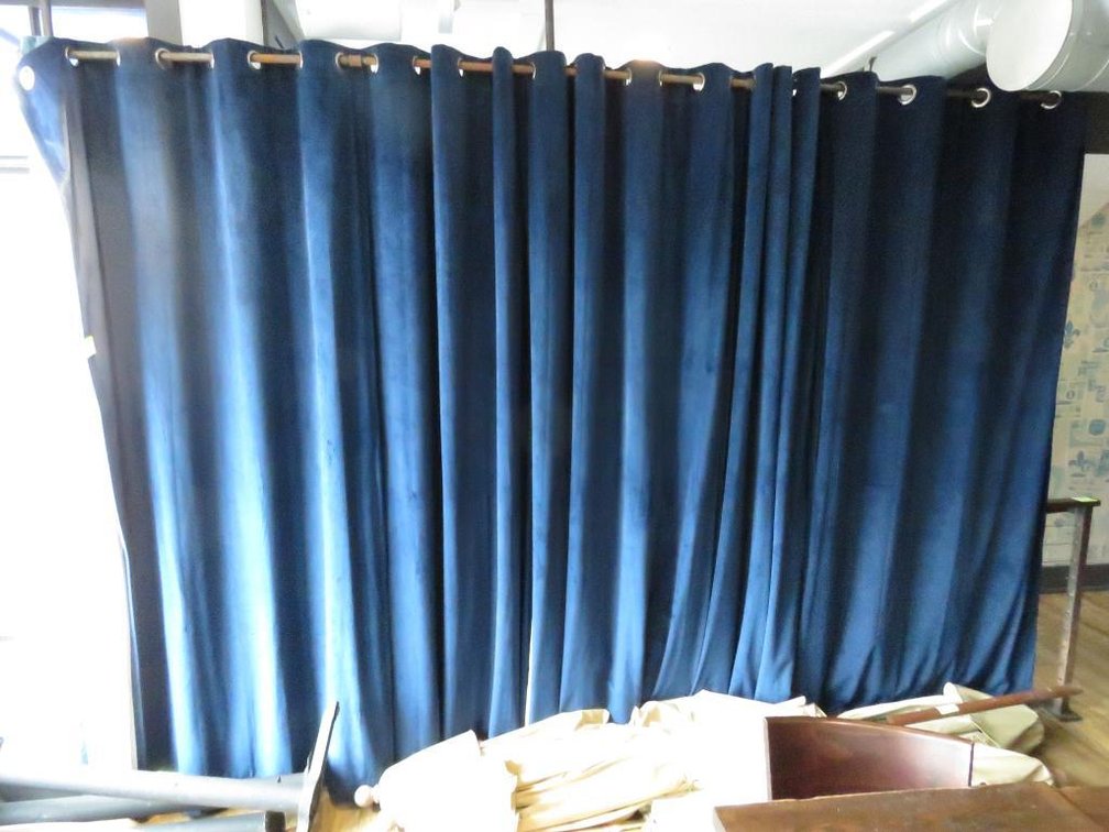 6 Assorted Blackout Curtains, 3 - Blue, 3 - Teal, Approx. 50"x96" Each with Pipe and Curtain Rods, Approx. 136"x14"