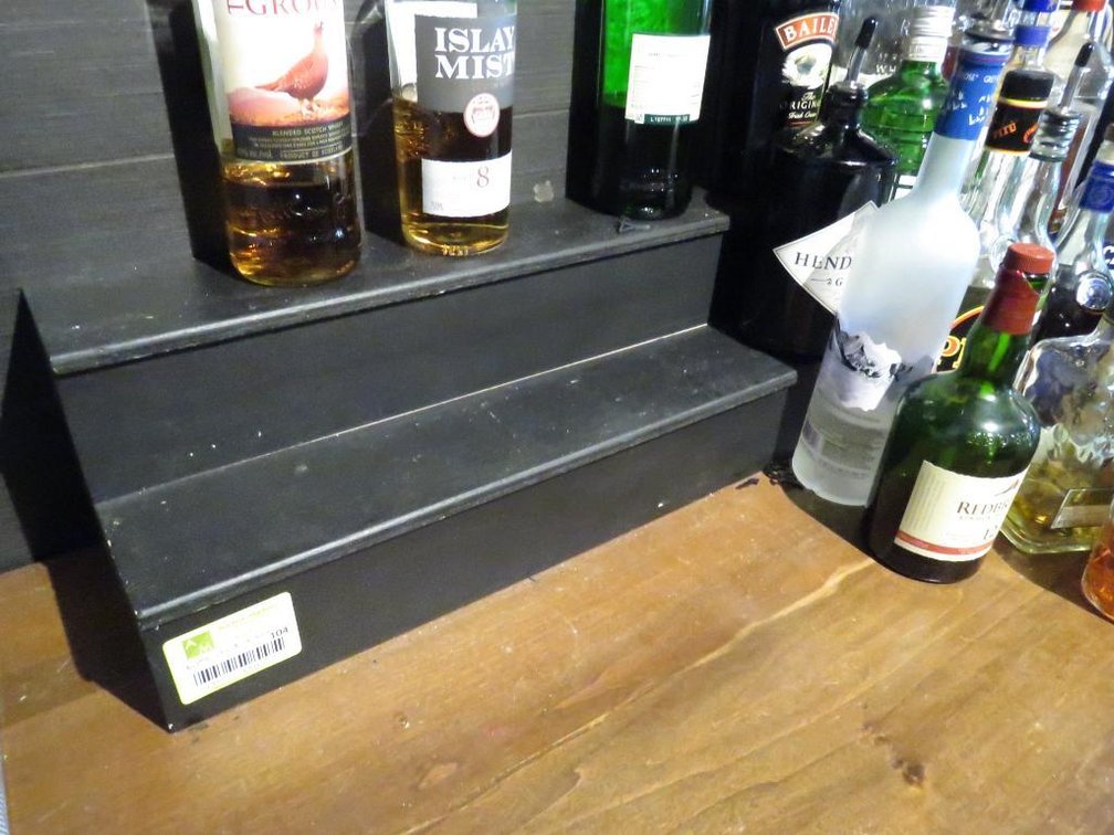 2 Tier Bottle Rail 48", Assorted Glass Containers, Feature Cocktail Sign 20"x10"