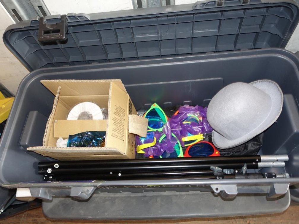 Bin with Assorted, Tripods, Props, Picture Paper Roll 6'