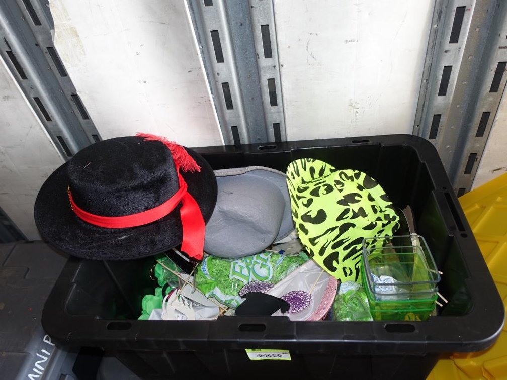 Bin with Assorted Costumes, Props, Hats, More