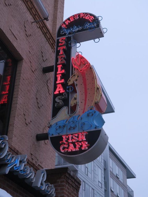 "Stella's Fish Cafe/Prestige Oyster Bar" with Fish Outdoor Neon Sign, Approx. 10' Tall (Front of Building)