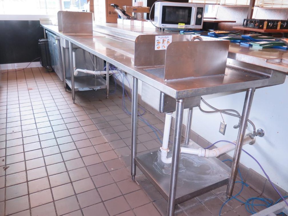 SS Table with Backsplash and 2 Hand Sinks, 204"x33"