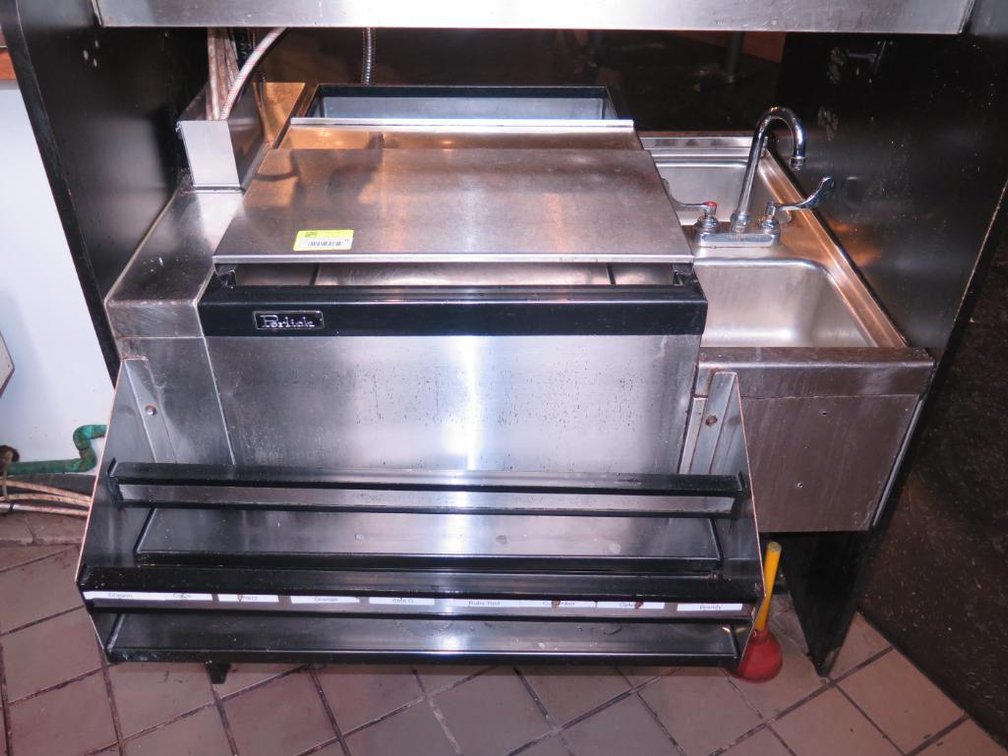 Perlick SS Underbar Pass Thru Ice Bin 24"x32", Double Sink 12"x32", 24" Double Speedrail