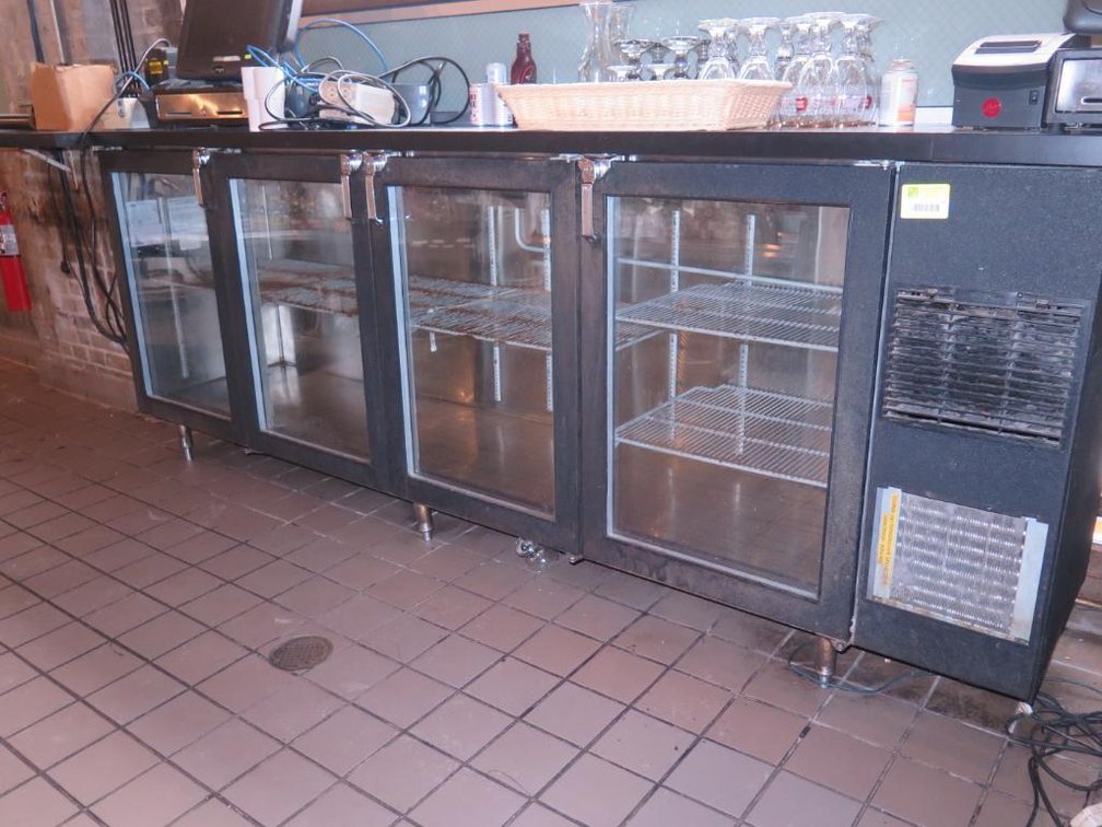 GlasTender 108" Glass 4 Door Back Bar Cooler, Model BB108-R6-GNH(LLRR), 115V