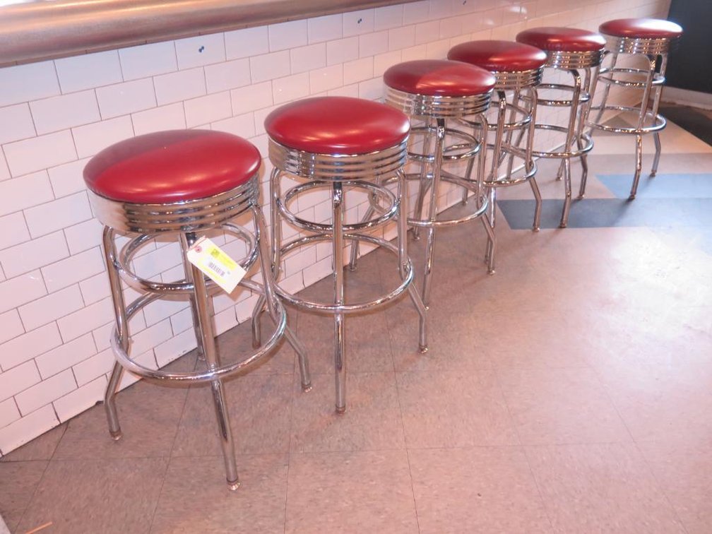 6 Chrome Base Padded Seat Swivel Bar Stools, 30" Seat Height