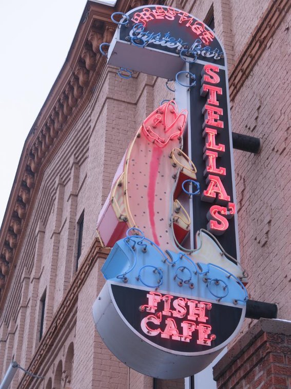 "Stella's Fish Cafe/Prestige Oyster Bar" with Fish Outdoor Neon Sign, Approx. 10' Tall (Back of Building)