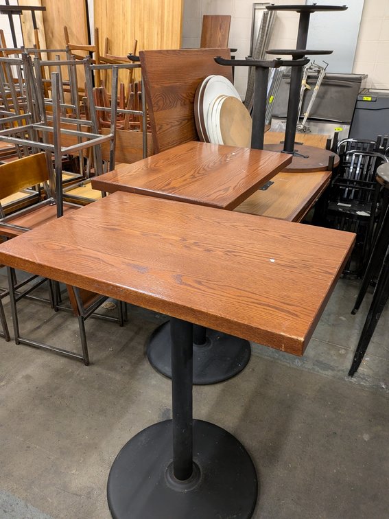 Wood Top Tables: 3 Hightop 36"x23"x42", 5 Dining 42"x30"x30"