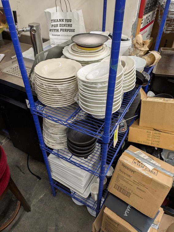 Wire 4 Tier Shelf 36"x18"x73" with Assorted Smallwares, Dishes, Utensils, More