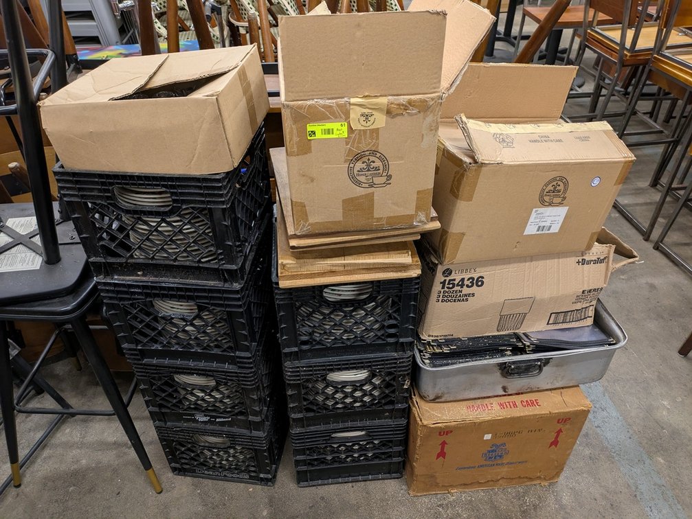 Assorted Crates and Boxes with Plates, Bowls, Glassware, More