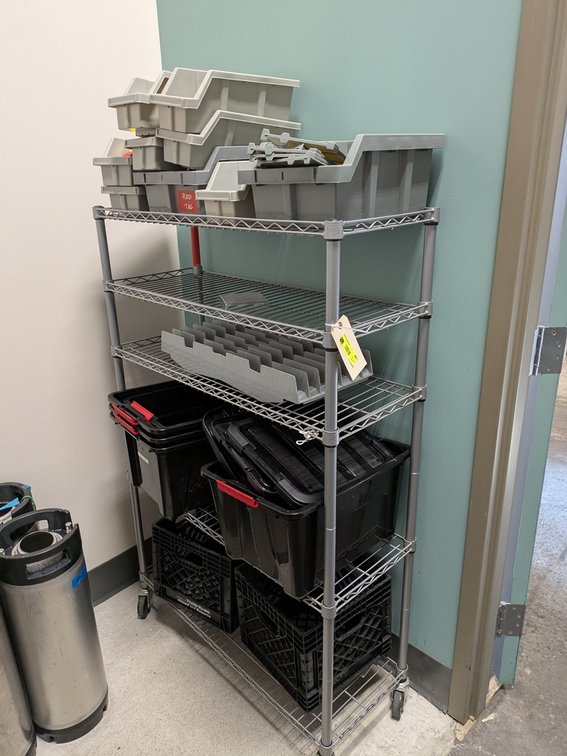 Wire 5 Tier Shelf on Wheels 36"x14"x56" with Contents