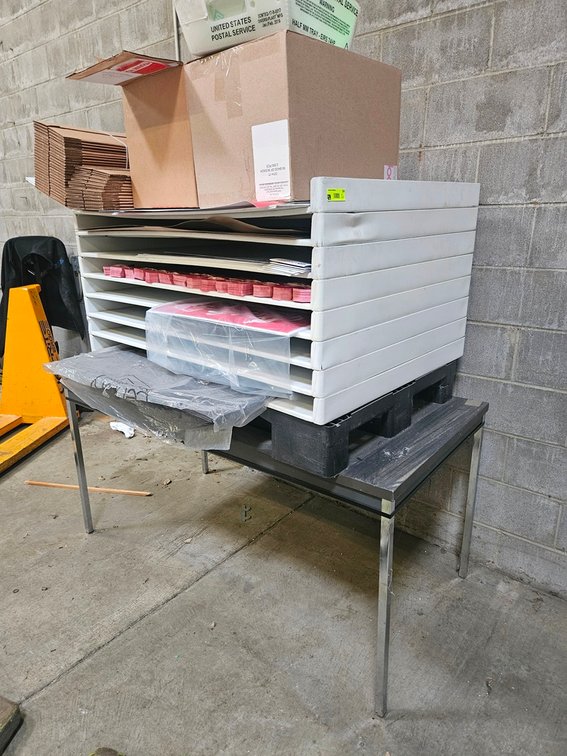 Poly Flat File Shelving, Metal Table