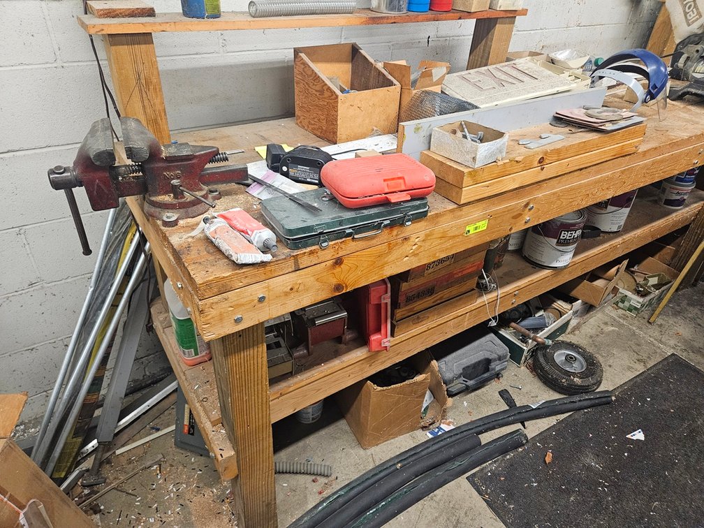 Wood Work Bench 96"x30"x37" with Contents, Vise, More