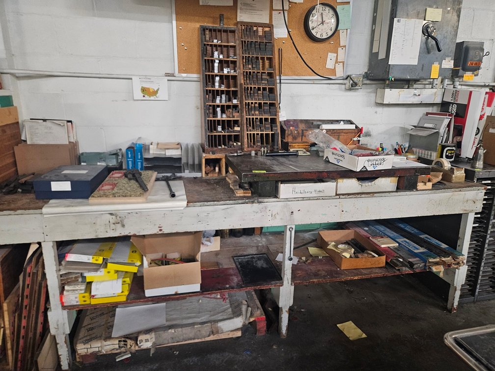 Assorted Along Wall, Benches, Carts, Cabinets with Parts/Accessories for Heidelberg Windmill Presses (Lead/Metal Contents NOT INCLUDED)