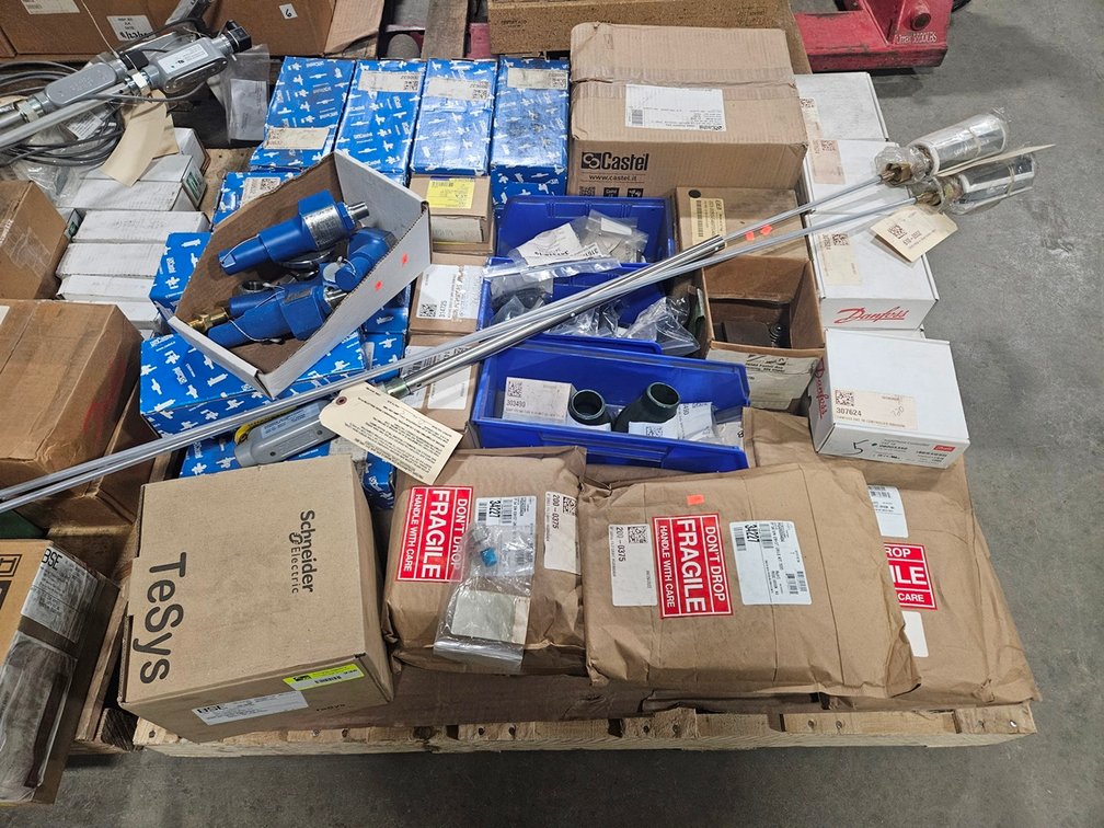 Pallet Assorted, Castel Ball Valves, Mercer Series Safety Valves, Intake Manifold, Schneider Electrical Contactor Box, More