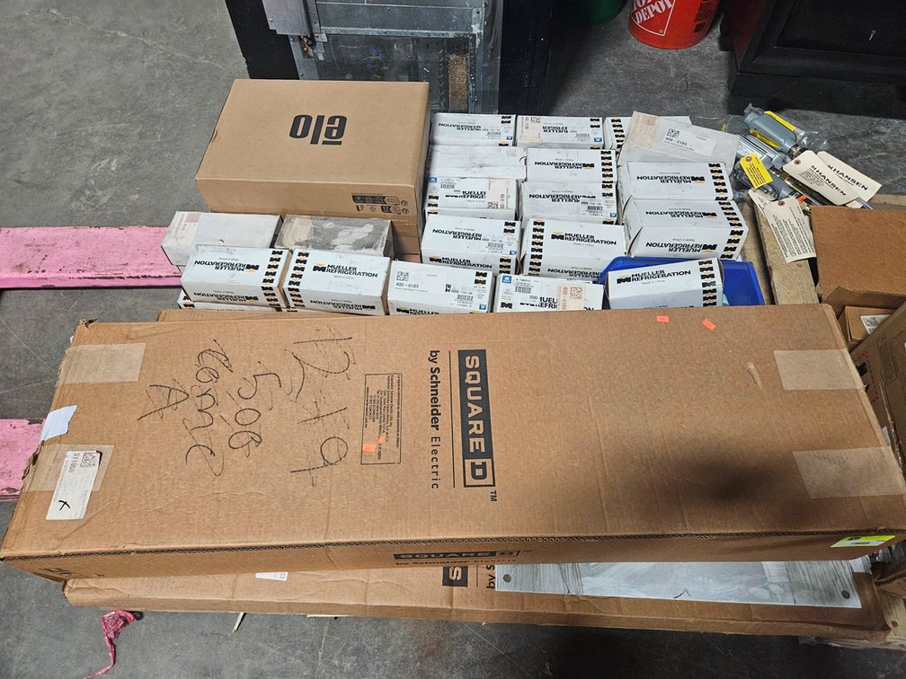Pallet Assorted, Mueller Refrigeration Valve Diaphragm, Schneider Electric Control Boxes, More