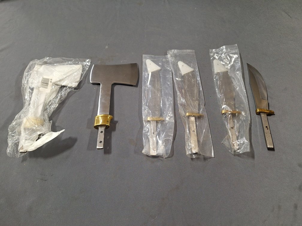 4 Assorted Knives, 2 Axe Heads