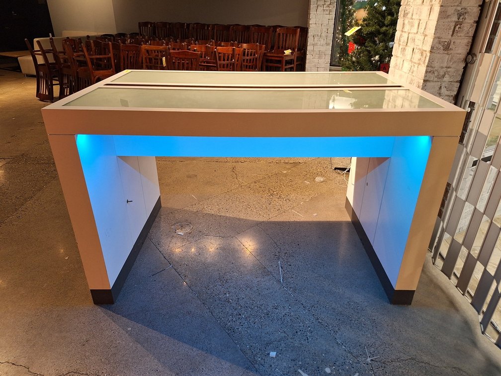 Retail Counter/Table with LED Underlights and Glass Top, 66"x41"x40"