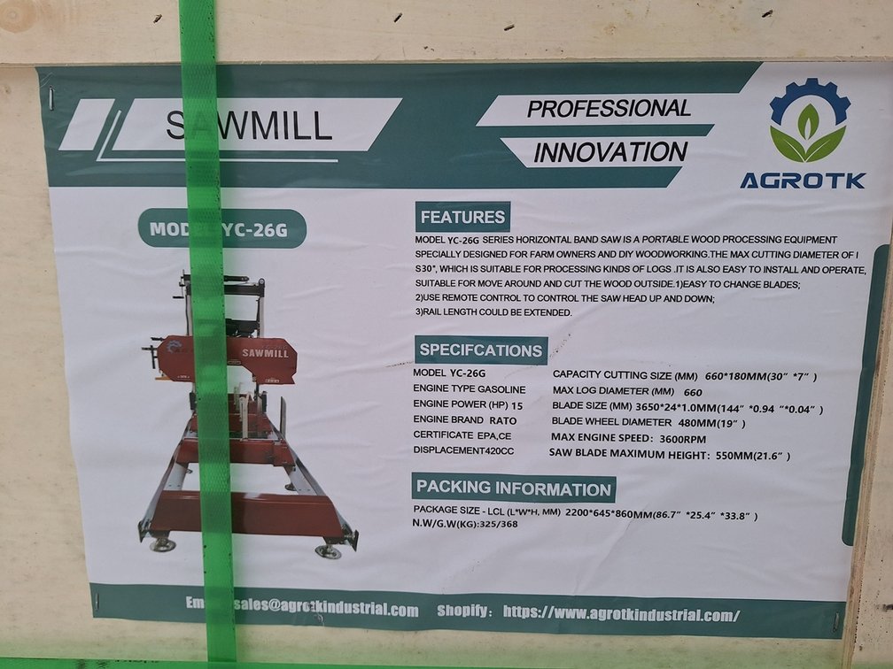 2025 AGT Portable Sawmill, Model YC-26G, Unused