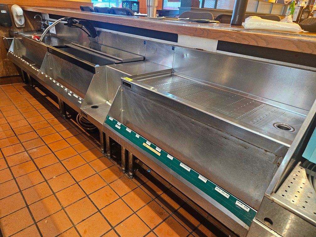 5 Pieces SS Underbar, 12" Hand Sink, 36" and 48" Drain Boards, 36" Ice Bin, 12" Shelf