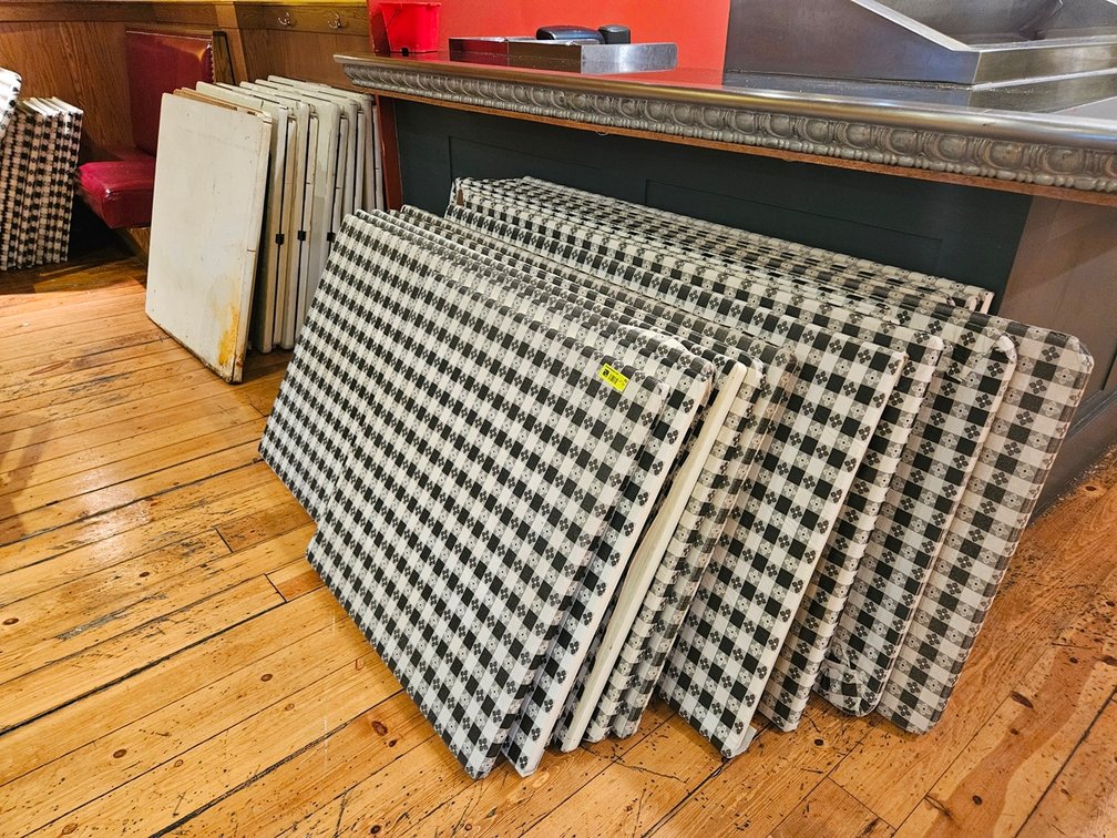 Wood Table Tops: 15 - 55"x30", 13 - 36"x36", 11 - 30"x30", 1 - 42"x42"