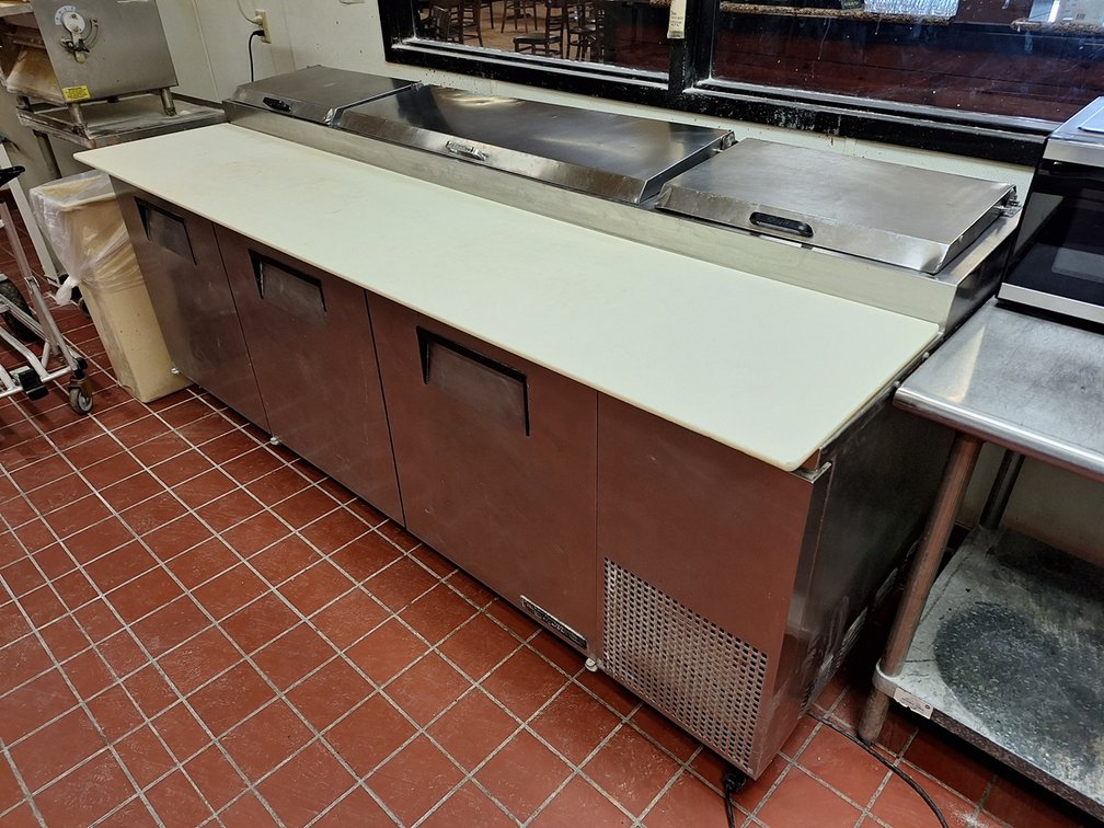 True SS Commercial 3-Door Refrigerated Prep Station on Wheels, Model: TPP-33, with Cutting Board, 93"x32"x36"