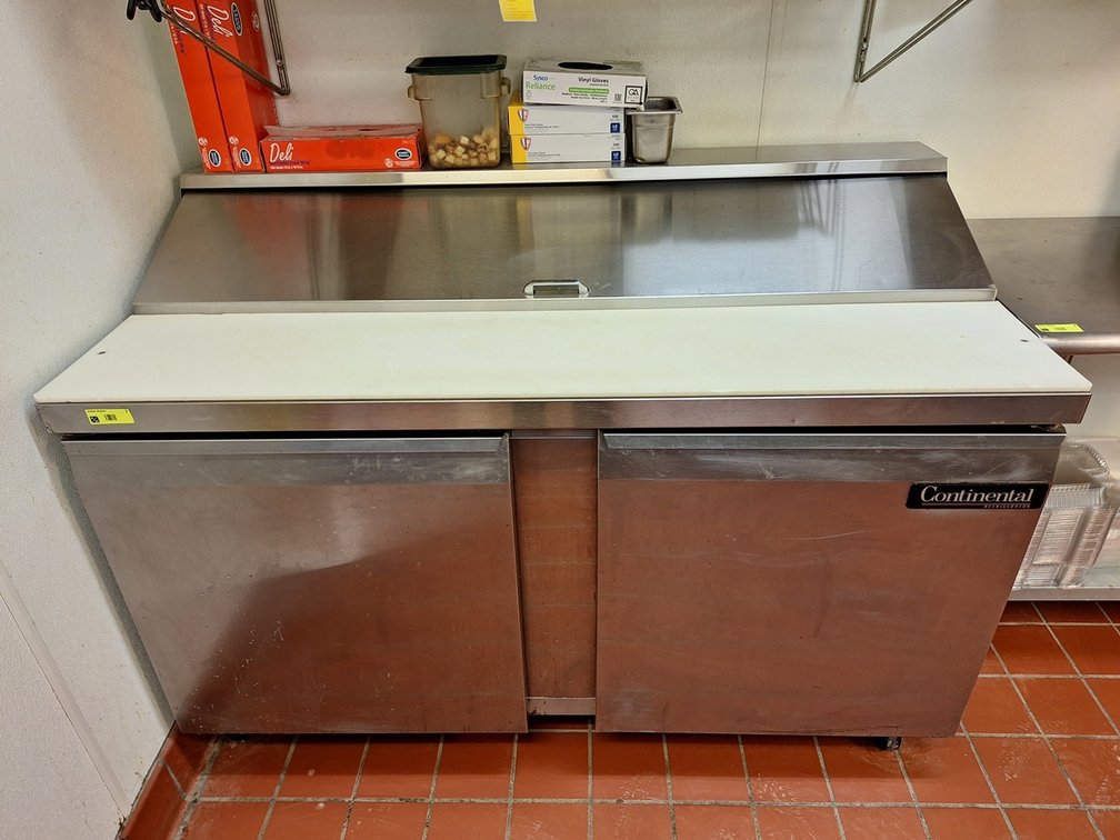 Continental SS 2-Door Refrigerated Prep Station on Wheels, Model: SW6V-16, SN: 14589964, with Cutting Board, 60"x30"x42"