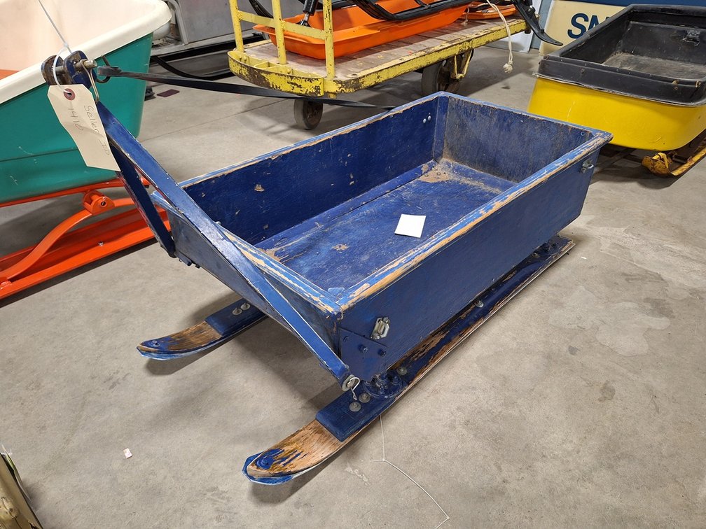 Pull Behind Cutter, Done in a Blue Weathered Look, Wood Skis with Aluminum Runners