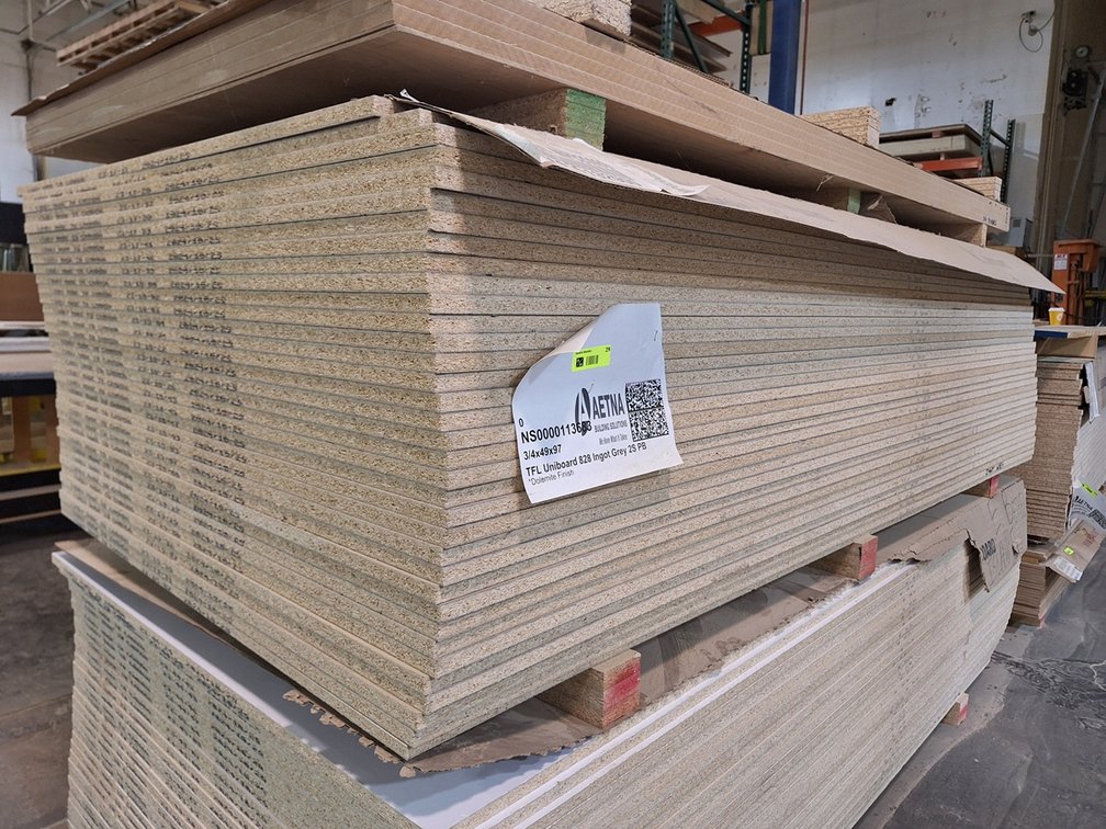 35 - 3/4"x49"x97" Sheets TFL Uniboard 828 Ingot Grey 25 PB, Dolomite Finish, Plus 4 3/4" PS Maple
