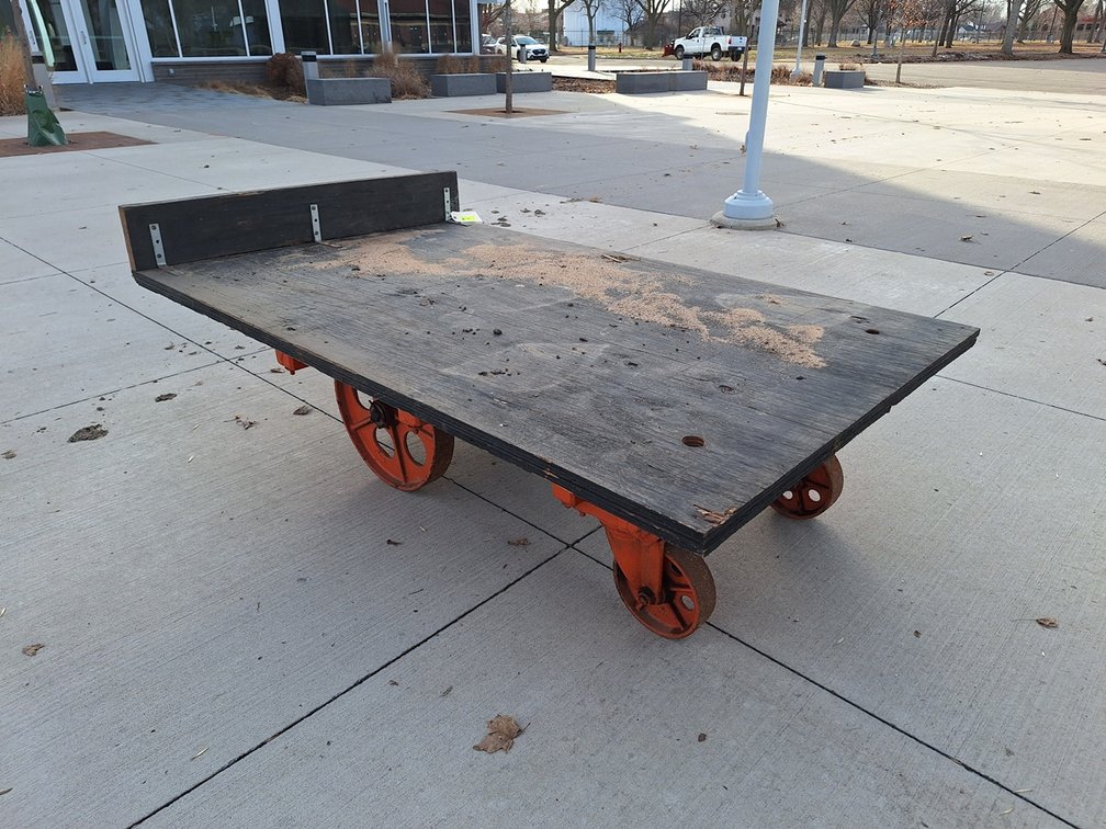 Vintage Steel Wheel Cart with Wood Deck, 78"x48"x27"