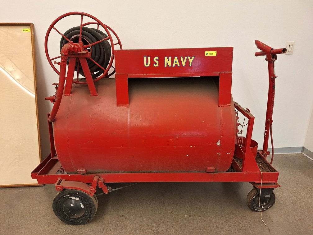 Vintage "US Navy" Water Tank Cart with Hose and Reel, 70"x30"x58"