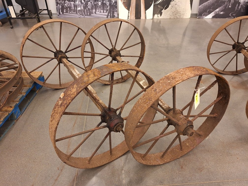 2 Metal Wagon Wheels/Axles, 47" Wide, 28" Wheels