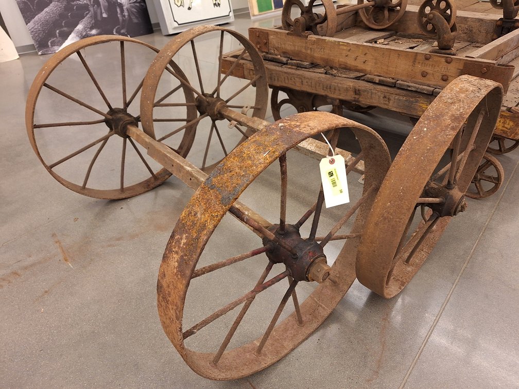 2 Metal Wagon Wheels/Axles, 47" Wide, 28" Wheels