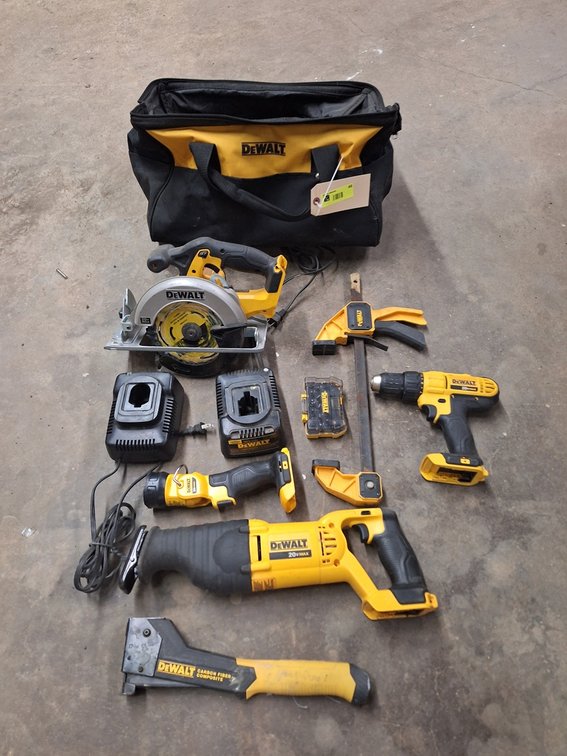 Assorted DeWalt Cordless 20V Tools, 2 Chargers with Bag