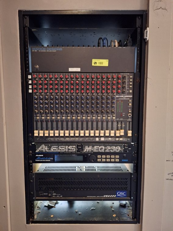 Sound Equipment in Closet, Mackie Mixer, Alesis EQ, QSC Amp