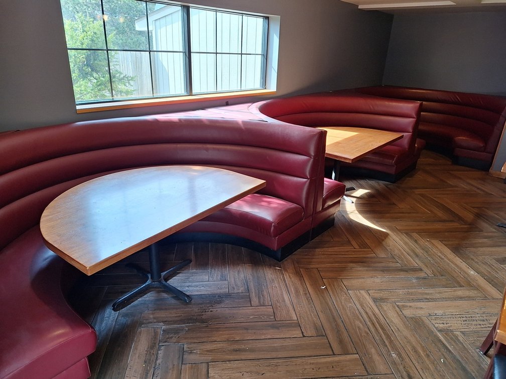 3 Round Back Booths 108"x58" with 2 Half Oval Tables 58"x39"x30"