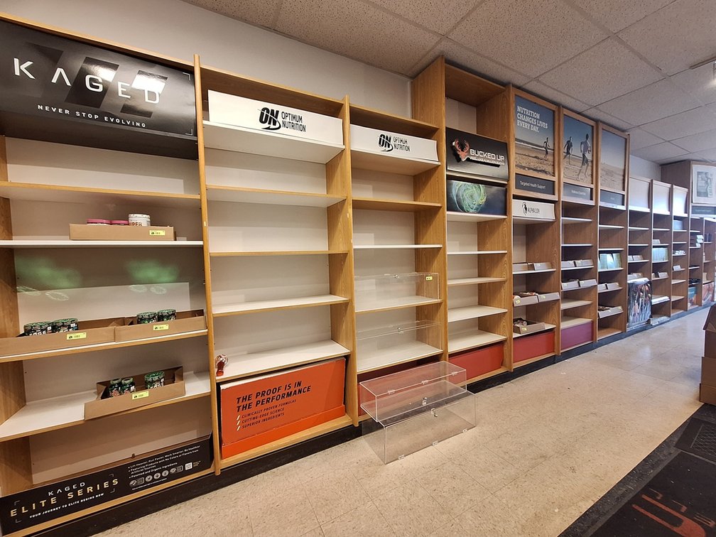 15 Sections Wood/White Retail Shelving: 7-36"x16"x118", 8-36"x16"x96"