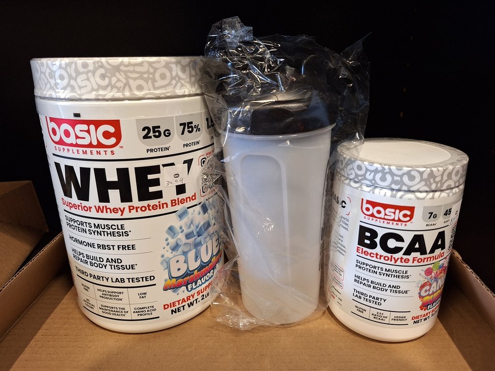 Jug of Whey, BCAA and Mixing Bottle