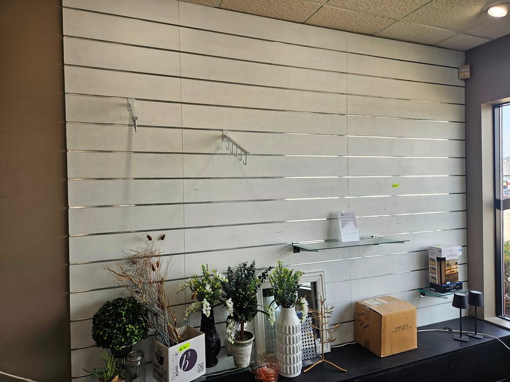 Slatwall with Hooks, Brackets and Glass Shelves, 4 - 48"x90" Panels, 1 - 42"x92" Panel, Plus 2 Smaller Panels