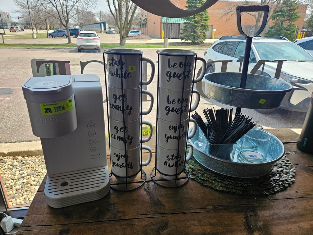 Keurig Coffee Machine, Cups, Display Stand