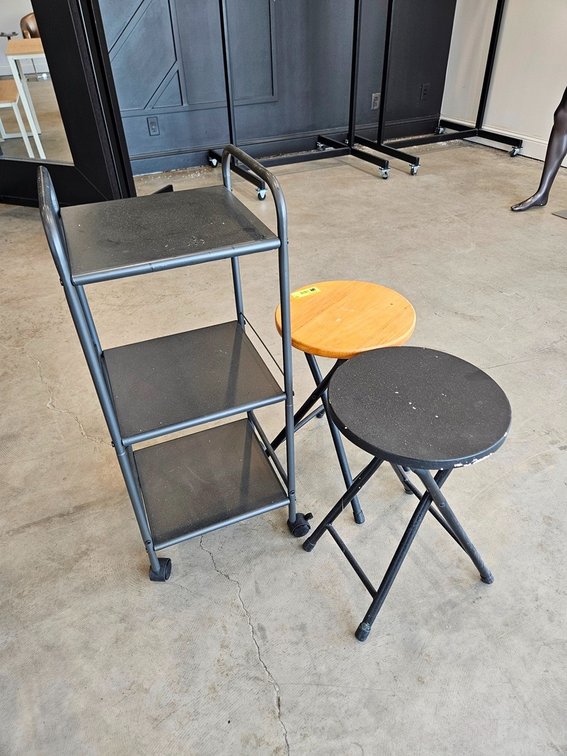 Metal Shelf on Wheels, 2 Stools