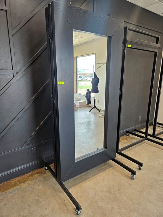 2 Framed Mirrors on Metal Stand on Wheels, 37" Wide, 80" Tall
