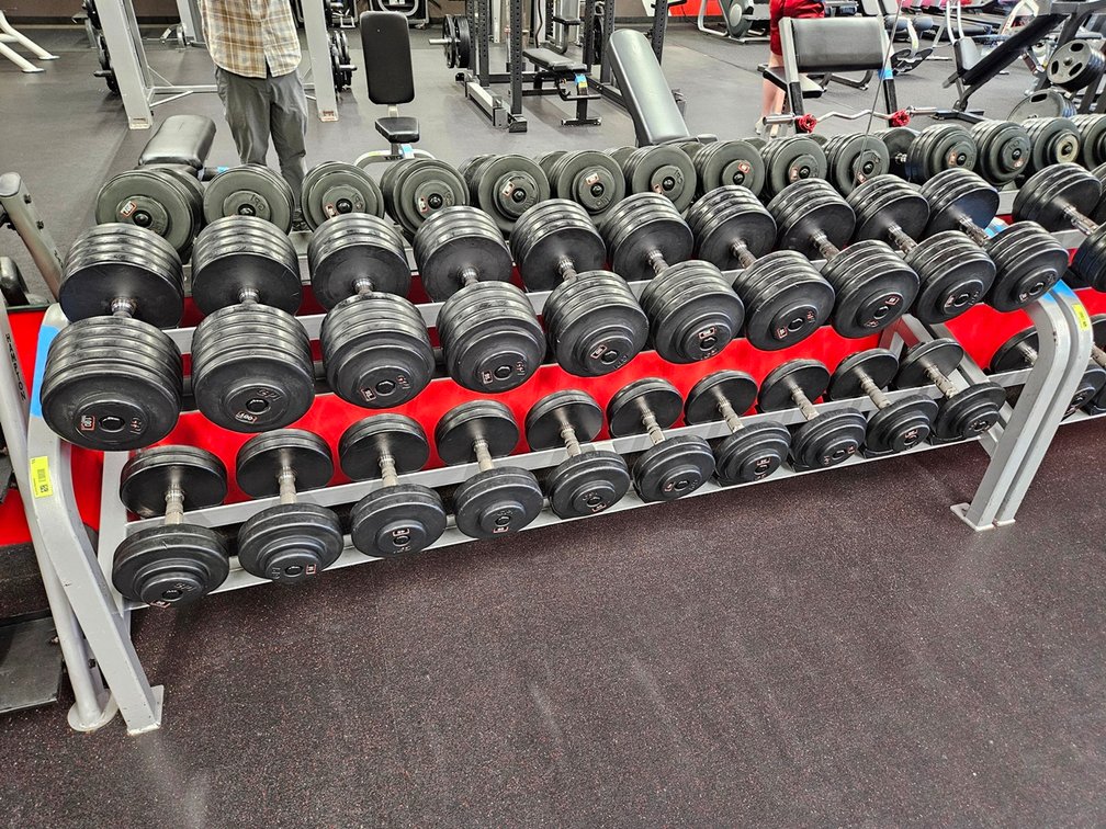 Cybex GPI Rubber Coated Dumbbell Set with 90" Rack, Includes: 2- 30, 2- 35, 2- 40, 2- 45, 2- 50, 2- 80, 2- 85, 2- 90, 2- 95, 2- 100 LBS