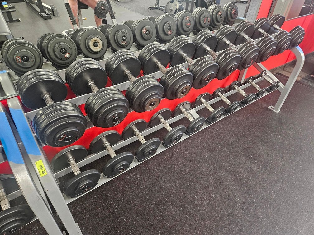 Cybex GPI Rubber Coated Dumbbell Set with 90" Rack, Includes: 2- 5, 2- 10, 2- 15, 2- 20, 2- 25, 2- 55, 2- 60, 2- 65, 2- 70, 2- 75 LBS