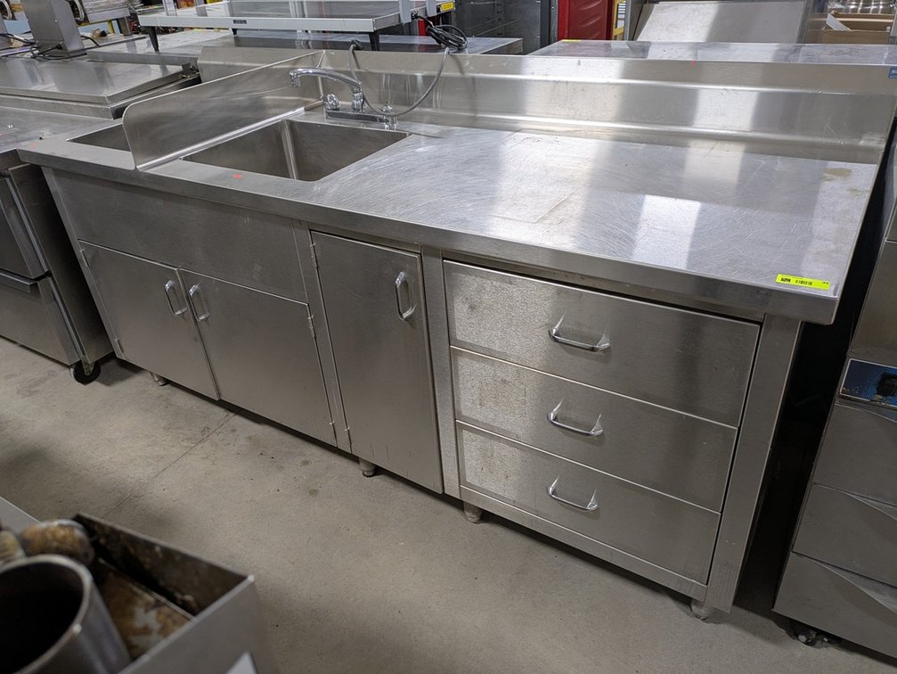 SS 2-Sink Table with Storage and Backsplash, 84 1/2"x30"x36"