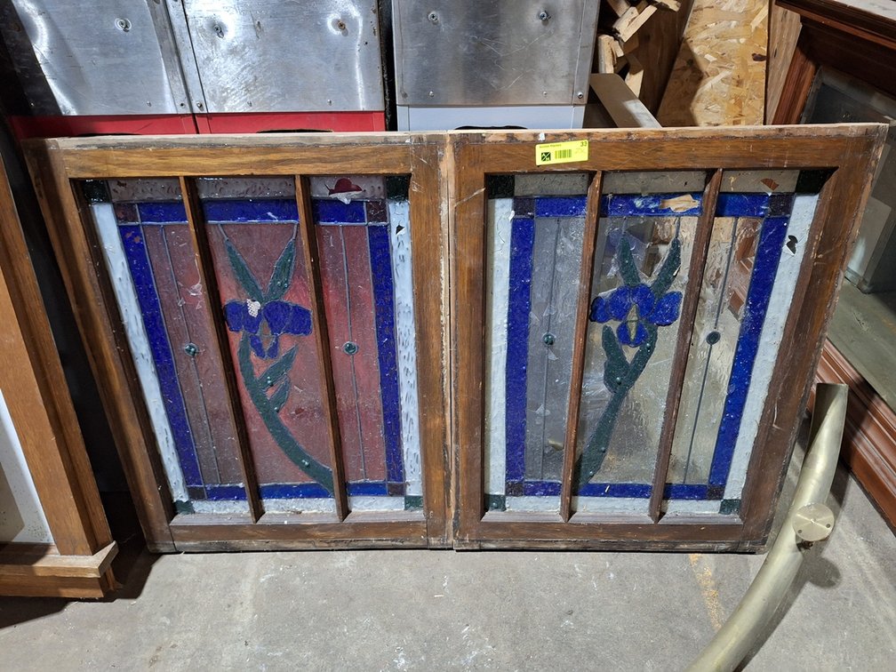 2 Wood Framed Stained Glass Window Sashes, 22"x29.5"